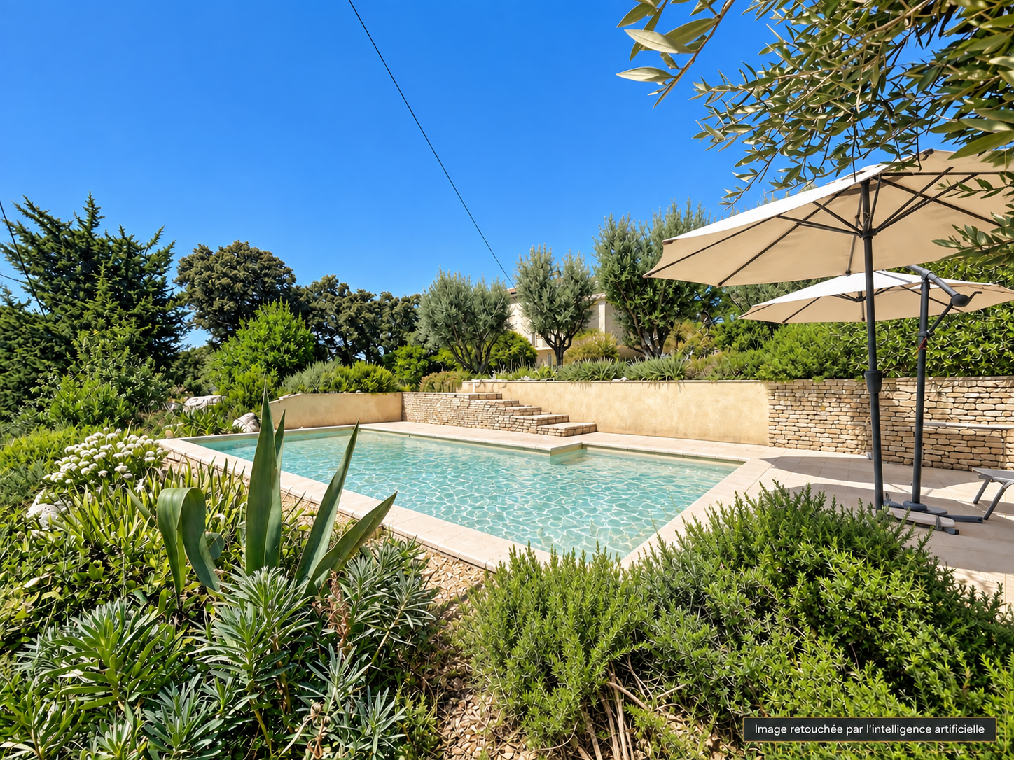 Piscine entourée de végétation méditerranéenne à Vacqueyras, avec vue sur les Dentelles de Montmirail.