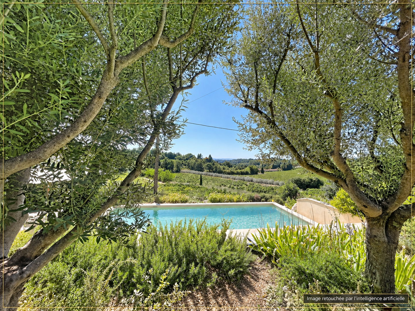Vue d'une piscine entourée d'arbres et de végétation méditerranéenne à Vacqueyras.