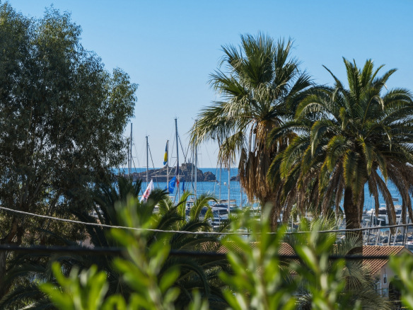 Vue sur la mer et des palmiers à Saint-Raphaël, avec des voiliers au loin.