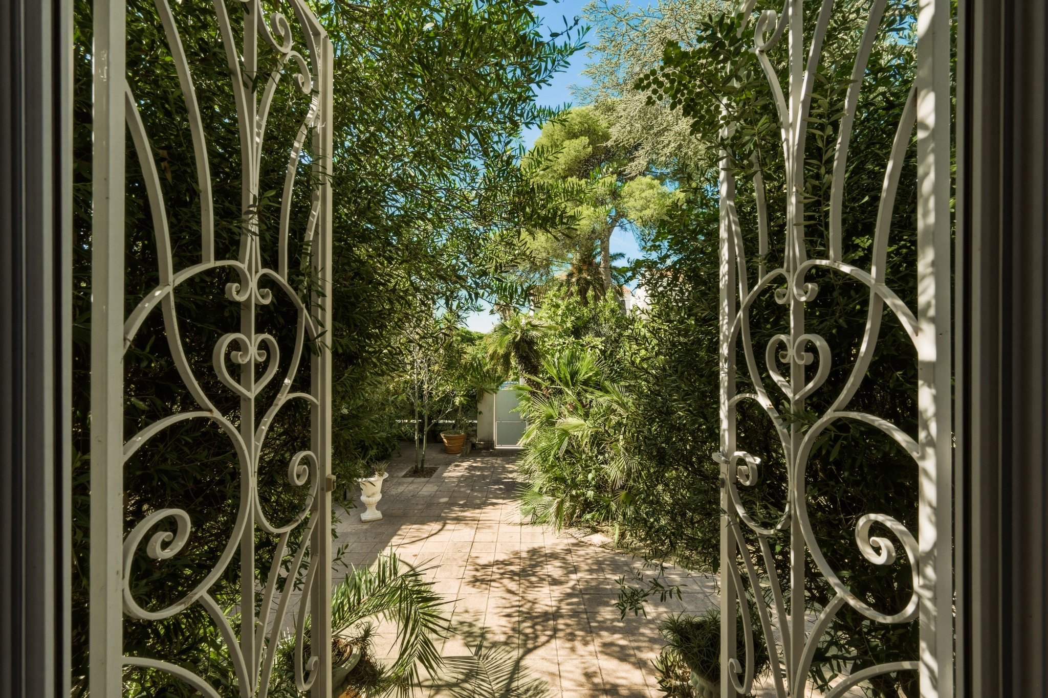 Jardin de la maison à Saint-Raphaël Vue d'un jardin clos avec des plantes et des arbres, encadrée par une porte en ferronnerie.
