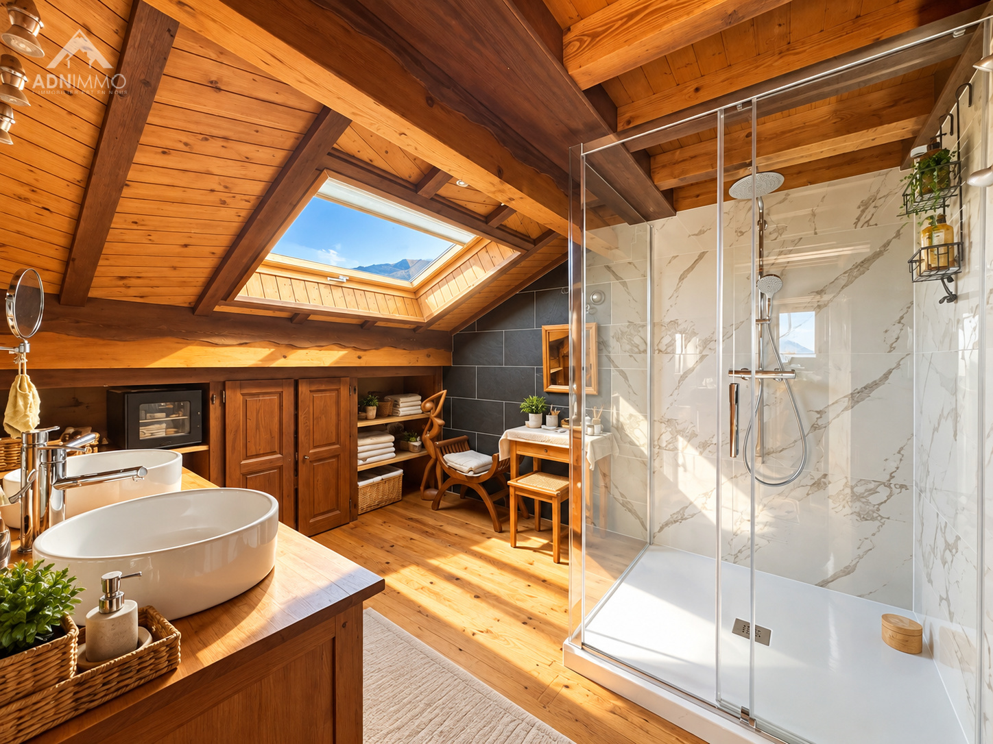 Salle de bain moderne avec douche et vue sur les montagnes dans un chalet à Crozet.