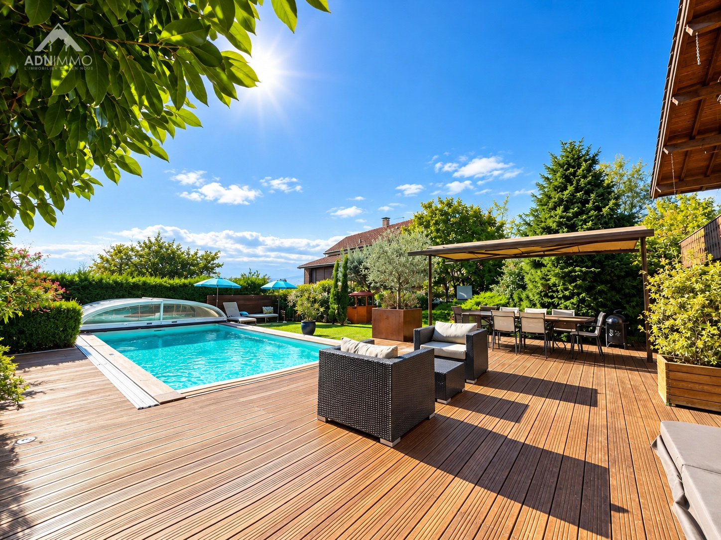 Chalet avec piscine et terrasse en bois, entouré de verdure à Crozet.
