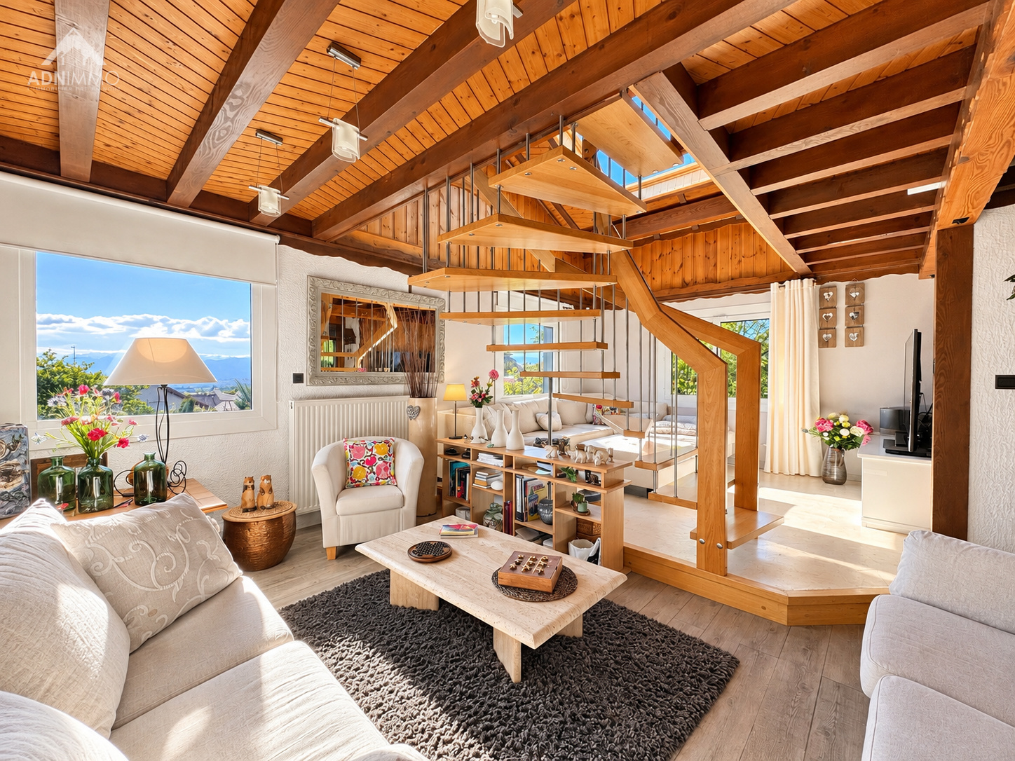 Intérieur d'un chalet rénové avec un salon lumineux et une mezzanine, vue sur la nature.