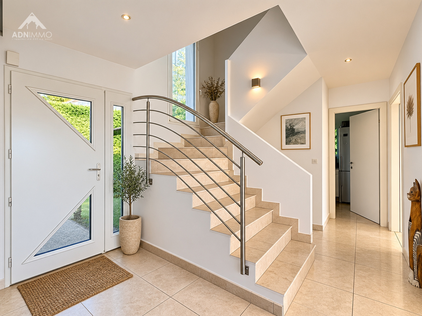 Entrée d’une maison à Saint-Jean-de-Gonville Intérieur d'une maison moderne avec un escalier et une entrée lumineuse.