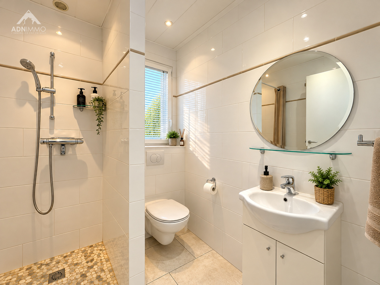 Salle de bain moderne Salle de bain moderne avec douche et toilettes, lumineuse et bien agencée.