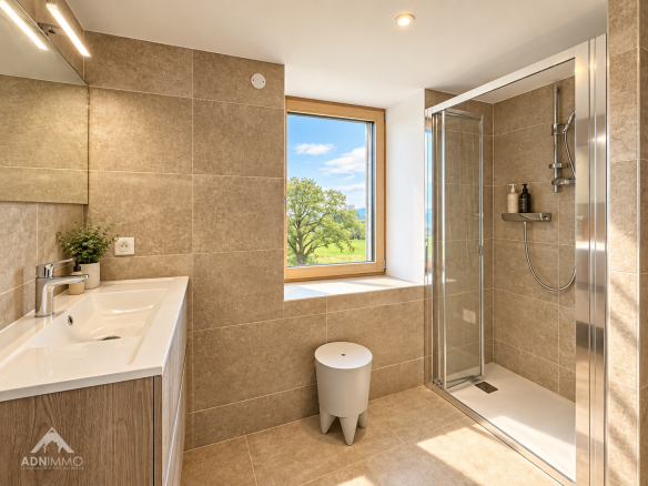 Salle de bain moderne avec douche et fenêtre offrant une vue sur la nature.