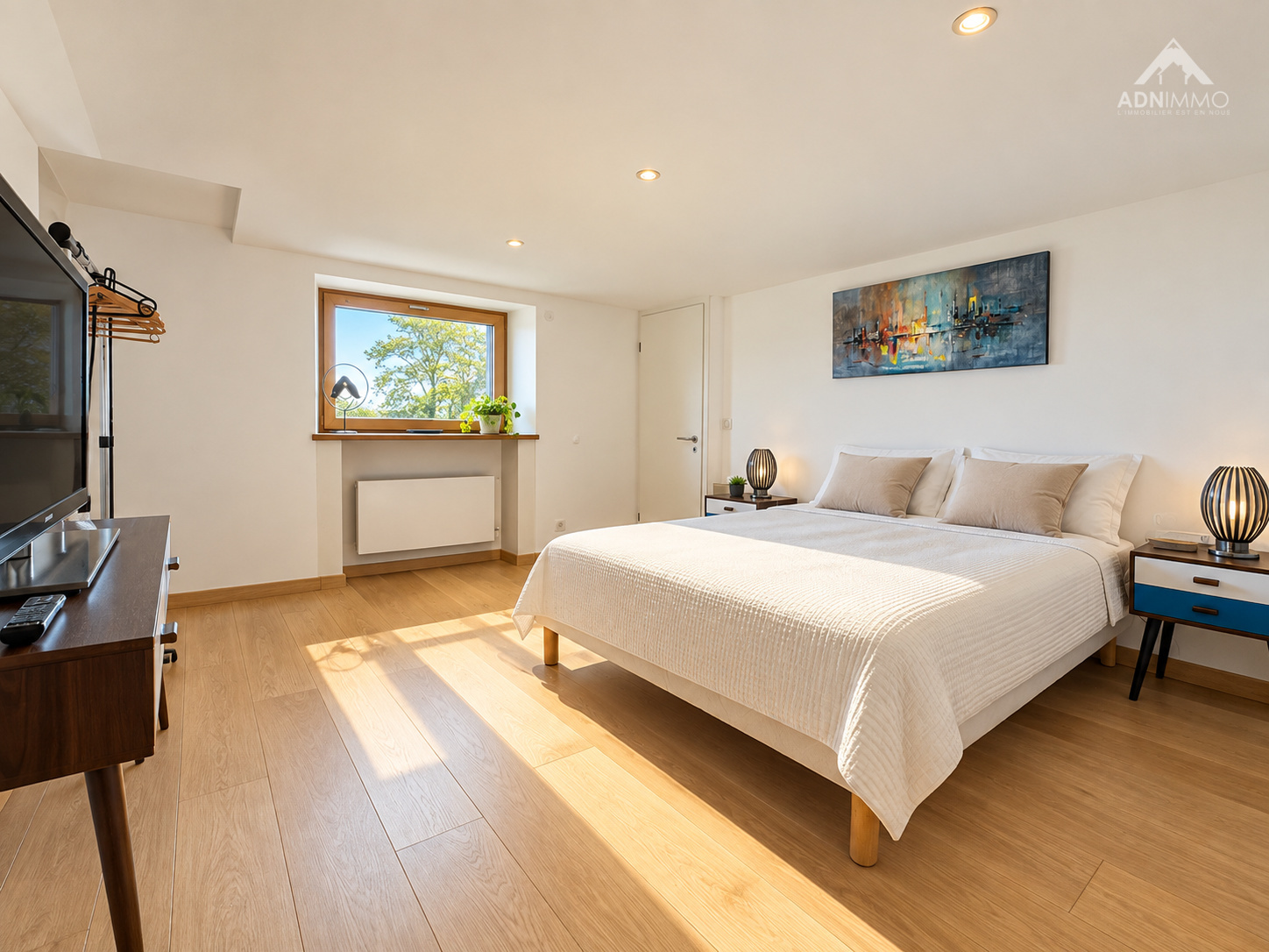 Chambre lumineuse avec lit double, fenêtre et décoration moderne dans une maison rénovée.