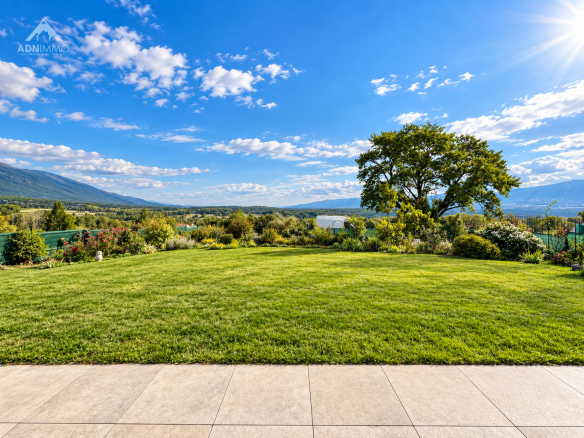 Vue dégagée sur un jardin verdoyant avec des montagnes en arrière-plan