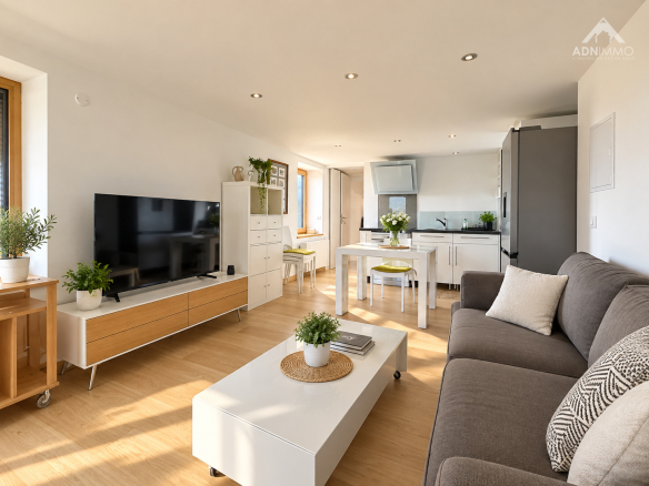 Intérieur d'un salon moderne avec canapé, télévision et cuisine ouverte.