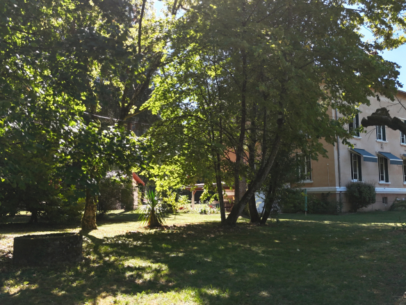 Property on the banks of the Ain river, surrounded by trees in a wooded park.