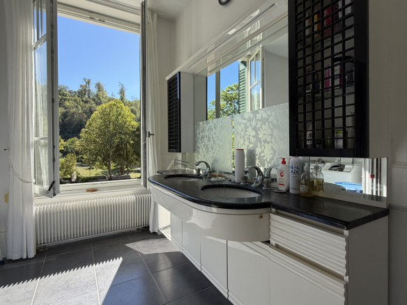 Bright bathroom with garden view, windows open.