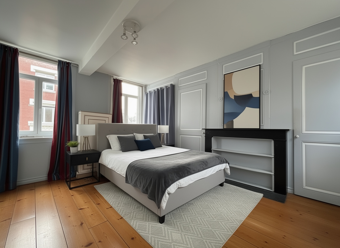 Room in a mansion in Lille Bedroom in a mansion in Lille, with bed, windows and modern decor.