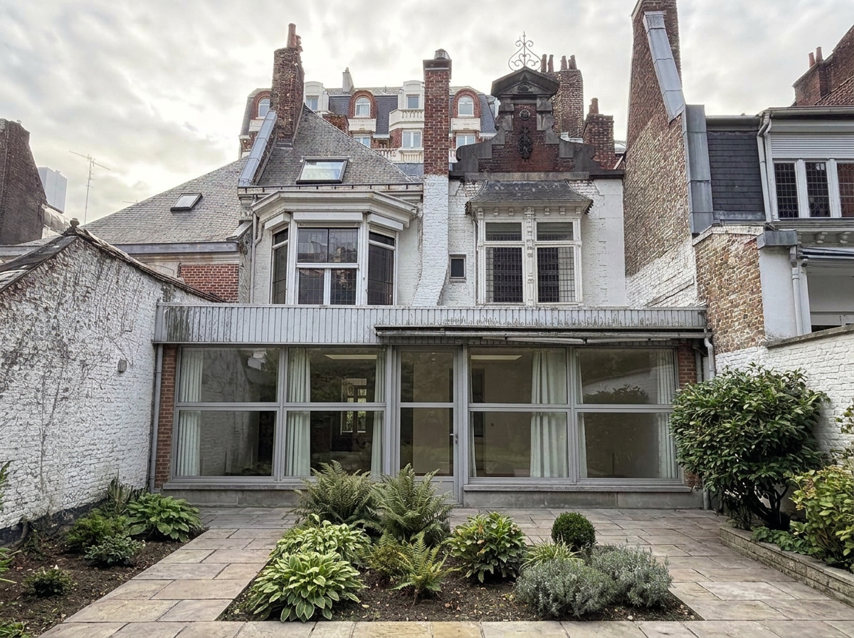 Mansion in Lille Manor house in Old Lille with garden and veranda, 19th century architecture.