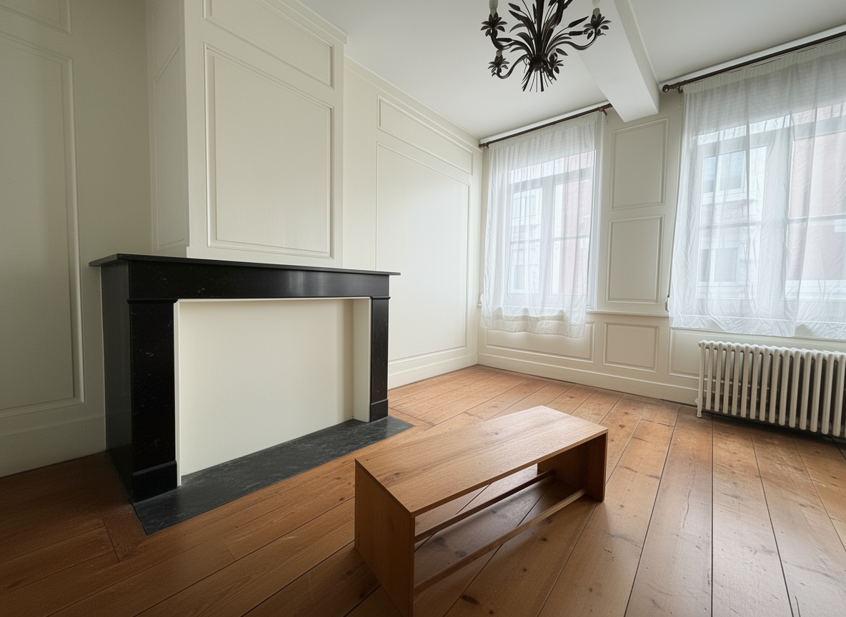 Interior of a mansion in Lille Interior of a mansion in Lille, with marble fireplace and wooden parquet flooring.