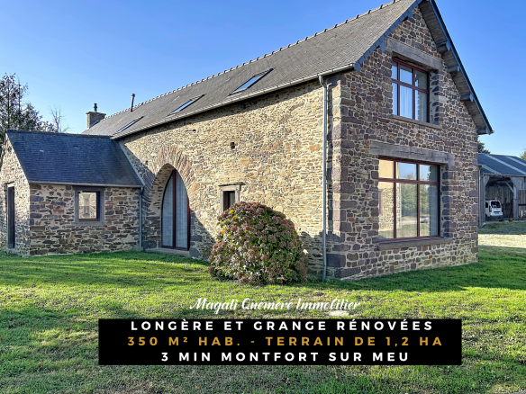Corps de ferme rénové avec longère et grange, 350 m² habitables, terrain de 1,2 hectare à Montfort-sur-Meu.