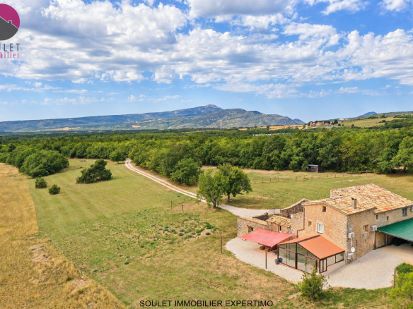 Propriété en pierre avec vue sur le Ventoux, entourée de champs et de verdure à Bédoin.