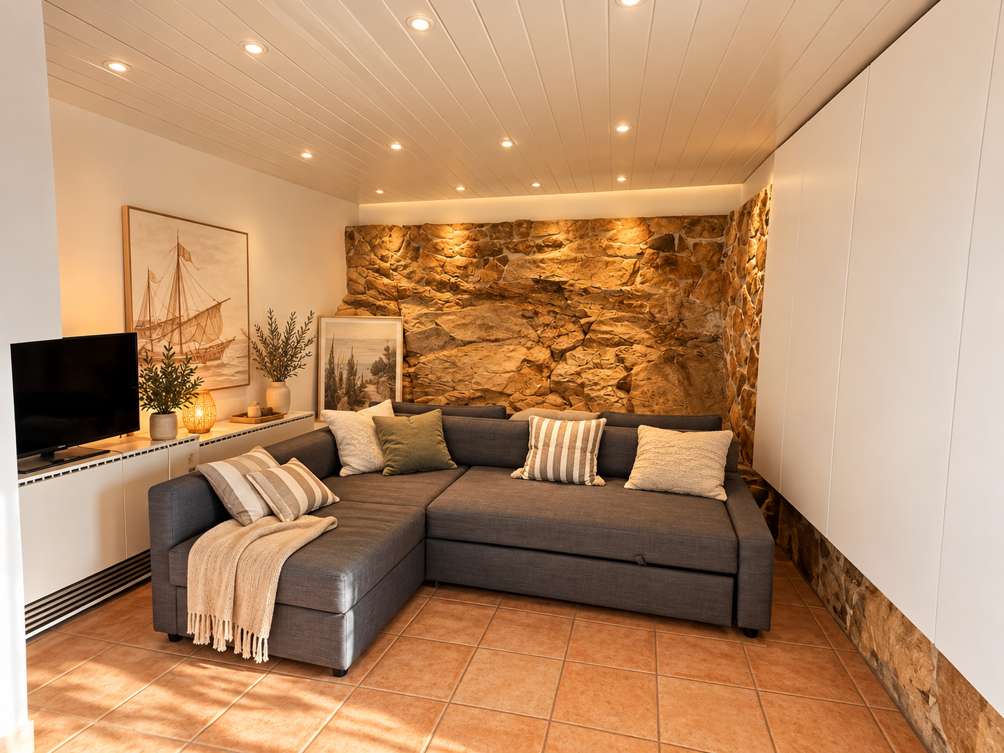 Intérieur de villa avec canapé Intérieur d'une villa avec un canapé gris et des murs en pierre, éclairage doux.