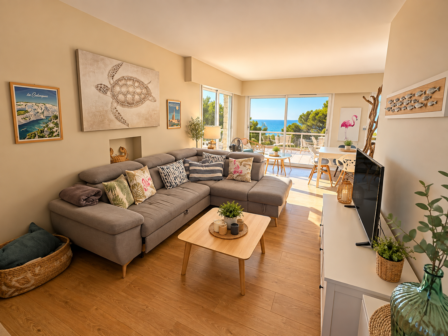 Salon de villa avec vue sur la mer Intérieur d'une villa lumineuse avec un salon moderne et vue sur la mer à Ensuès-la-Redonne.
