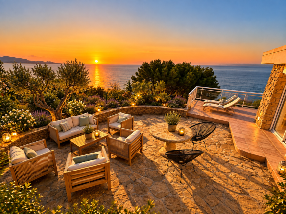Terrasse d'une villa avec vue sur la mer au coucher de soleil, entourée de plantes et de mobilier extérieur.
