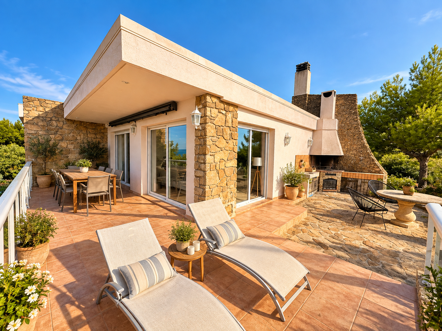 Villa avec vue mer à Ensuès-la-Redonne Terrasse d'une villa avec chaises longues, vue sur la mer et espace extérieur à Ensuès-la-Redonne.