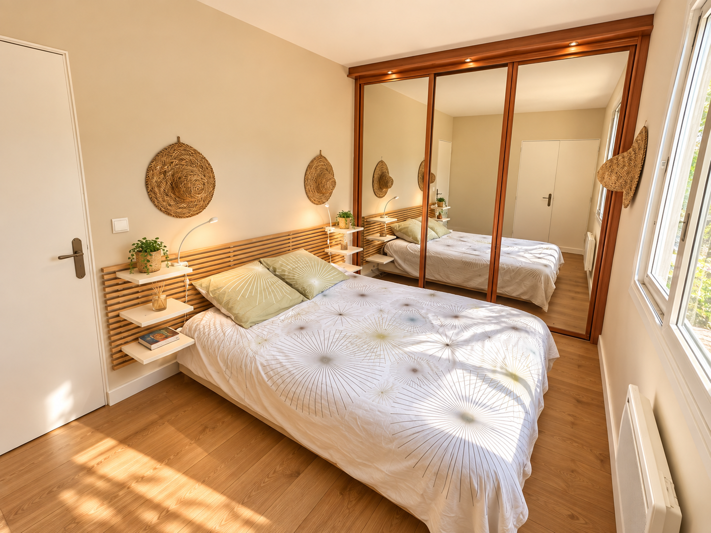 Chambre dans une villa avec vue mer Chambre lumineuse avec lit double et miroir, décorée de manière moderne.