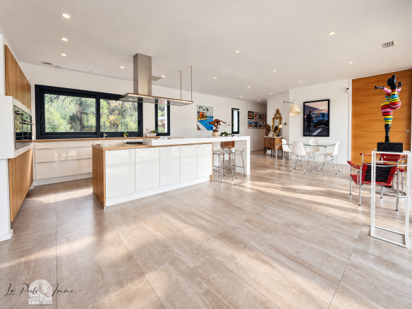 Intérieur d'une villa contemporaine avec cuisine moderne et espace de vie lumineux.