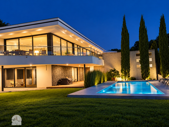 Villa d'architecte contemporaine avec piscine et jardin à Perpignan, éclairée de nuit.