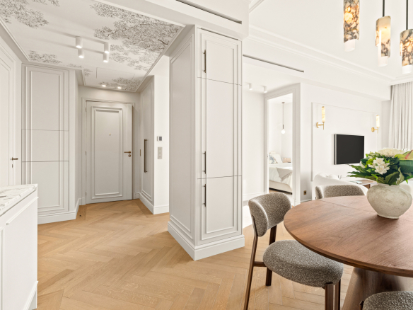 Interior of a renovated apartment with panoramic sea views, modern and bright furnishings in Nice.