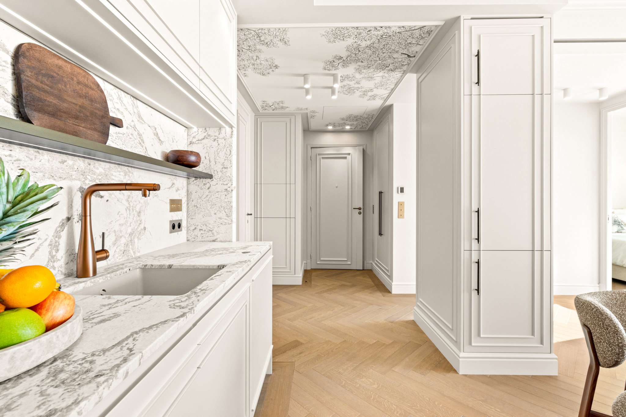 Renovated kitchen with sea view Modern kitchen with marble worktop and natural lighting