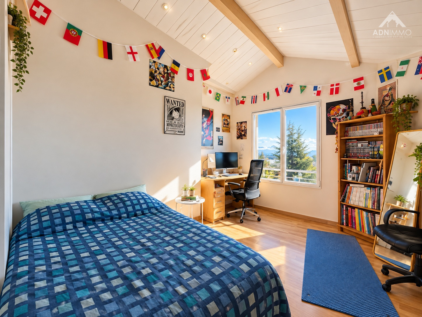 Chambre avec vue à Saint-Jean-de-Gonville Chambre lumineuse avec vue sur le Mont-Blanc, décorée de drapeaux et d'étagères.