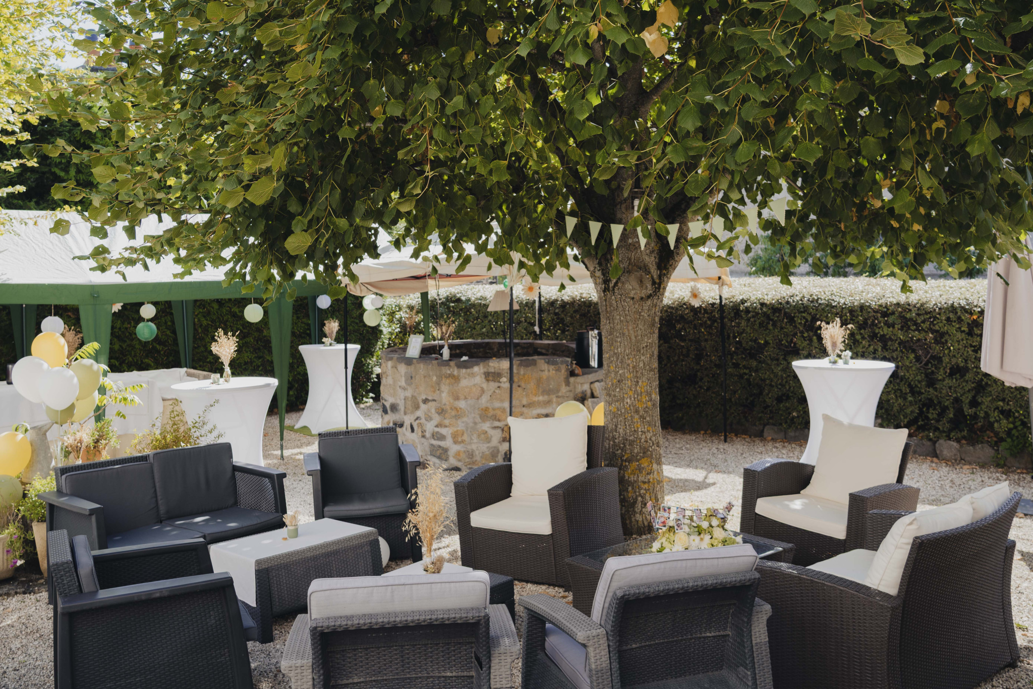 Terrace furnished with armchairs and tables around a tree, in a natural setting in Olloix.