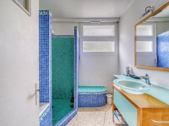 Bathroom with shower and sink, blue and white tiles, natural light