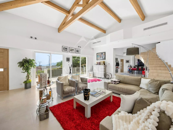 Intérieur d'une villa moderne avec un salon lumineux et un accès à l'extérieur, décoré avec un tapis rouge.