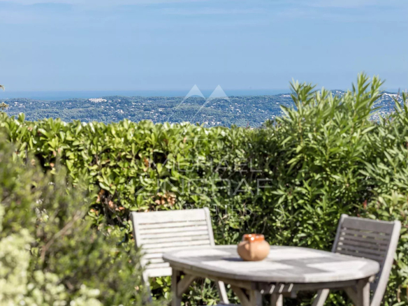 Sea view from a terrace with a wooden table and plants around it.