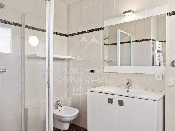 Salle de bain moderne avec douche, lavabo et miroir.