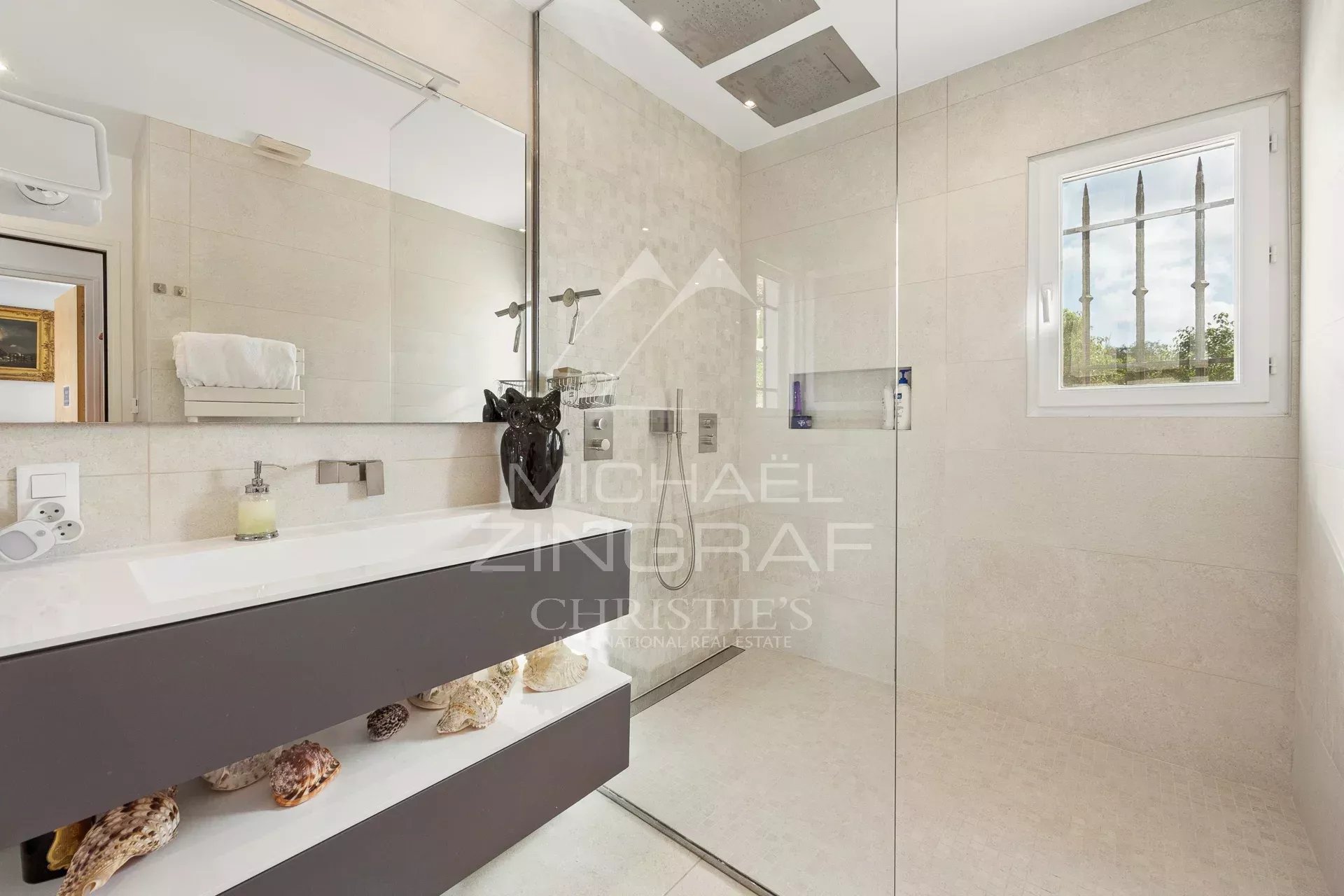 Salle de bain moderne avec douche à l'italienne et lavabo élégant.