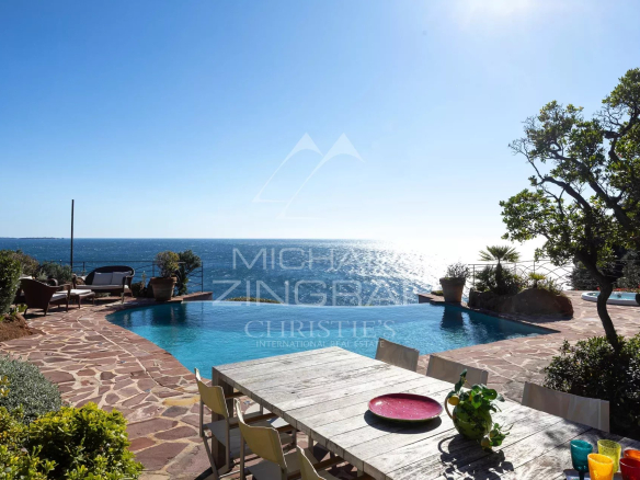 Vue sur la mer depuis une terrasse avec piscine à Théoule-sur-Mer, ensoleillée et dégagée.