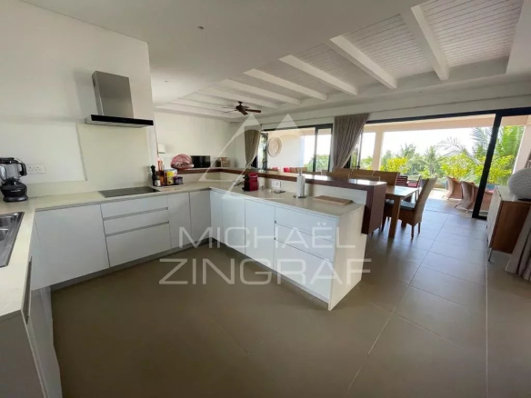 Open-plan kitchen and dining area with white cabinets and a central island, leading to a sunny outdoor patio.