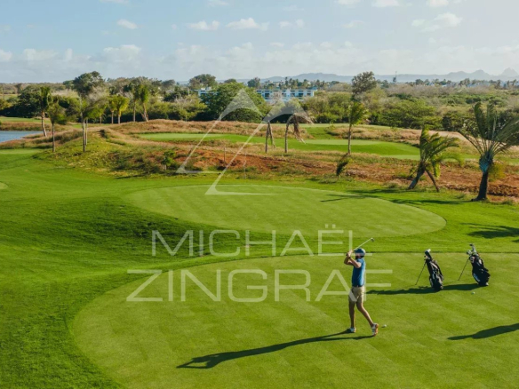 Two golfers on a sunny golf course tee, with golf bags nearby and a water hazard to the left.