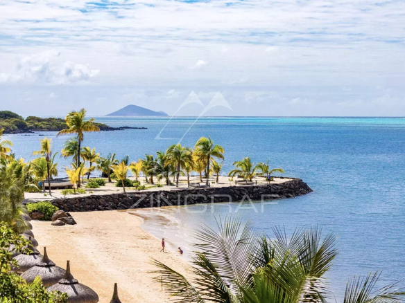 Tropical beach with palm trees, sandy shore, and calm blue water, a small jetty and distant island on the horizon.