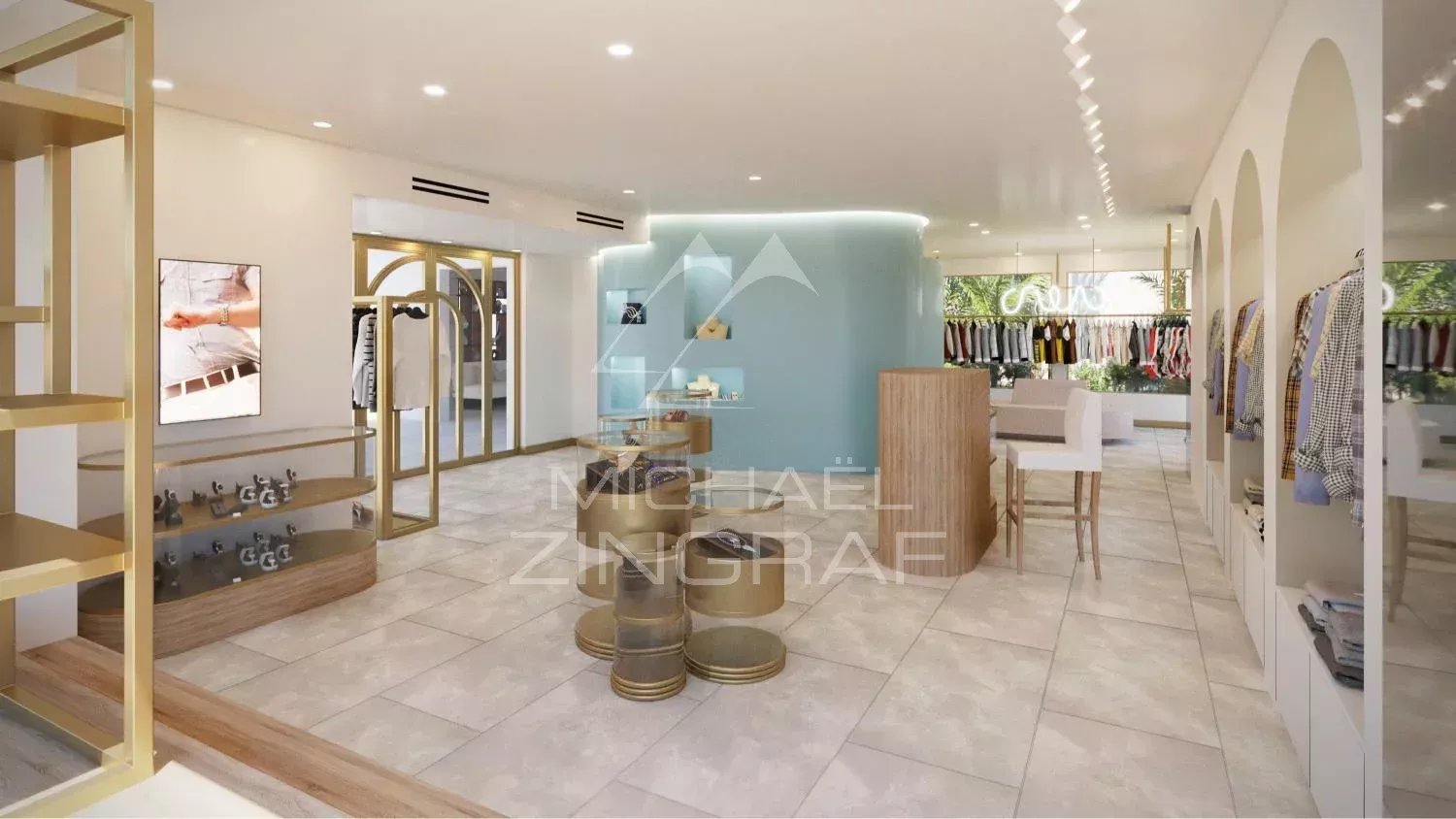 Boutique clothing store interior with white shelves, gold fixtures, and a teal curved wall featuring display shelves and seating area in the center