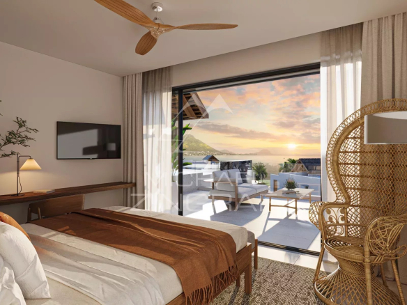 Hotel room with twin beds, a desk, and a wicker chair, sliding door to a balcony with sunset ocean view.