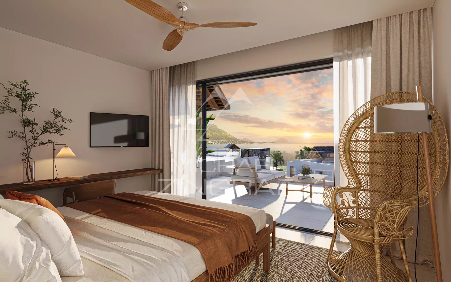 Hotel room with twin beds, a desk, and a wicker chair, sliding door to a balcony with sunset ocean view.