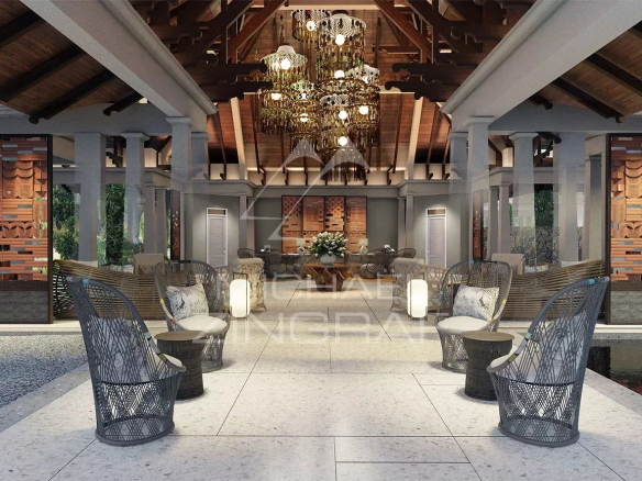 Luxurious open-air lounge with hanging chandeliers, woven chairs, and a central dining table surrounded by greenery.