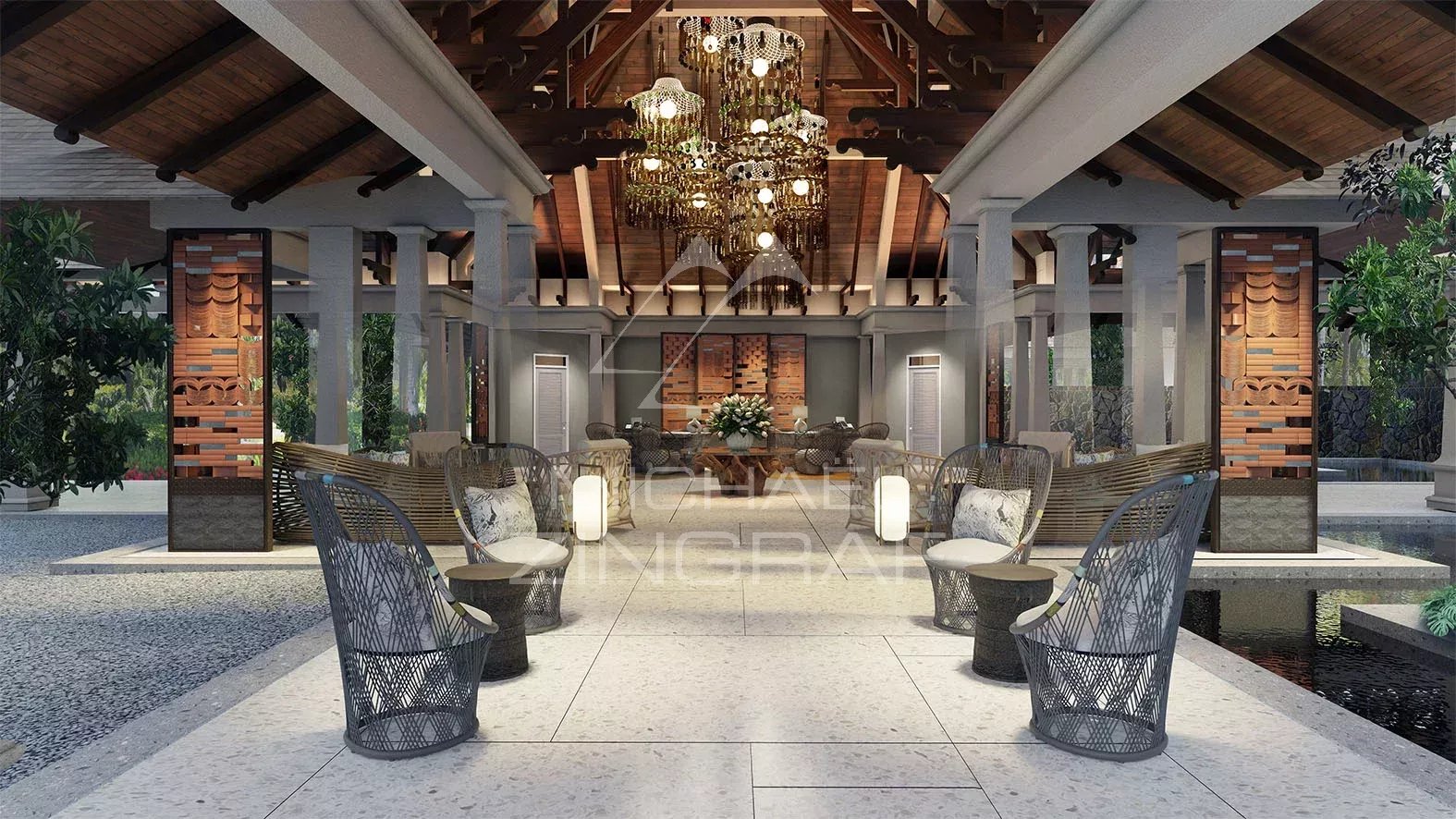 Luxurious open-air lounge with hanging chandeliers, woven chairs, and a central dining table surrounded by greenery.