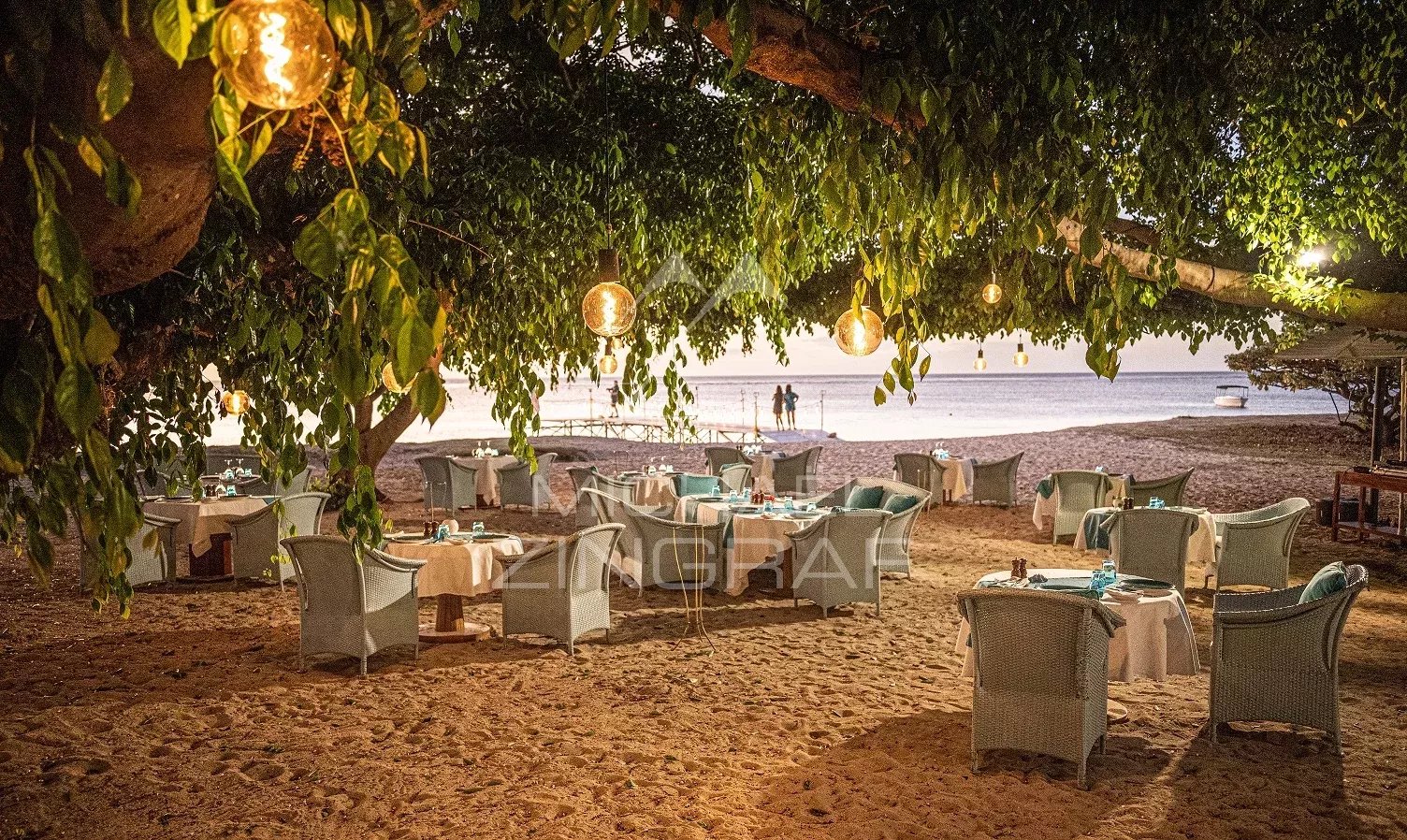 Beachside restaurant setup on the sand with white-tablecloth tables and wicker chairs under a leafy tree, lanterns casting warm light over the scene by the ocean.