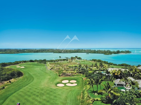 Aerial view of a coastal golf course with turquoise water, green fairways, and palm trees nearby.