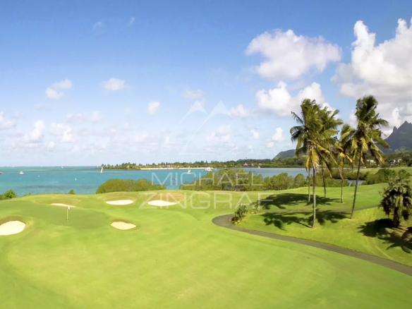 Coastal golf course with green fairways, sand bunkers, and palm trees along a turquoise sea under a bright blue sky.