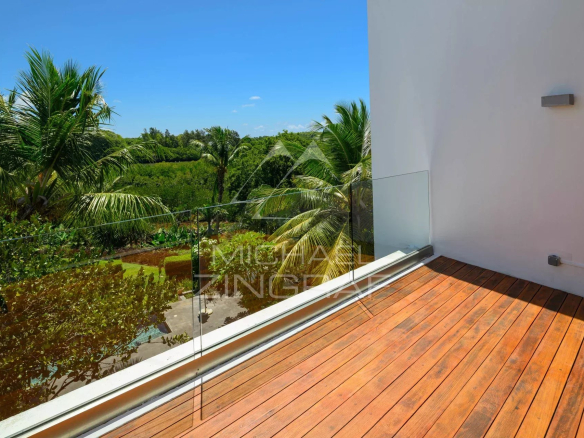 Balcony with glass railing overlooking a tropical garden and palm trees on a sunny day.