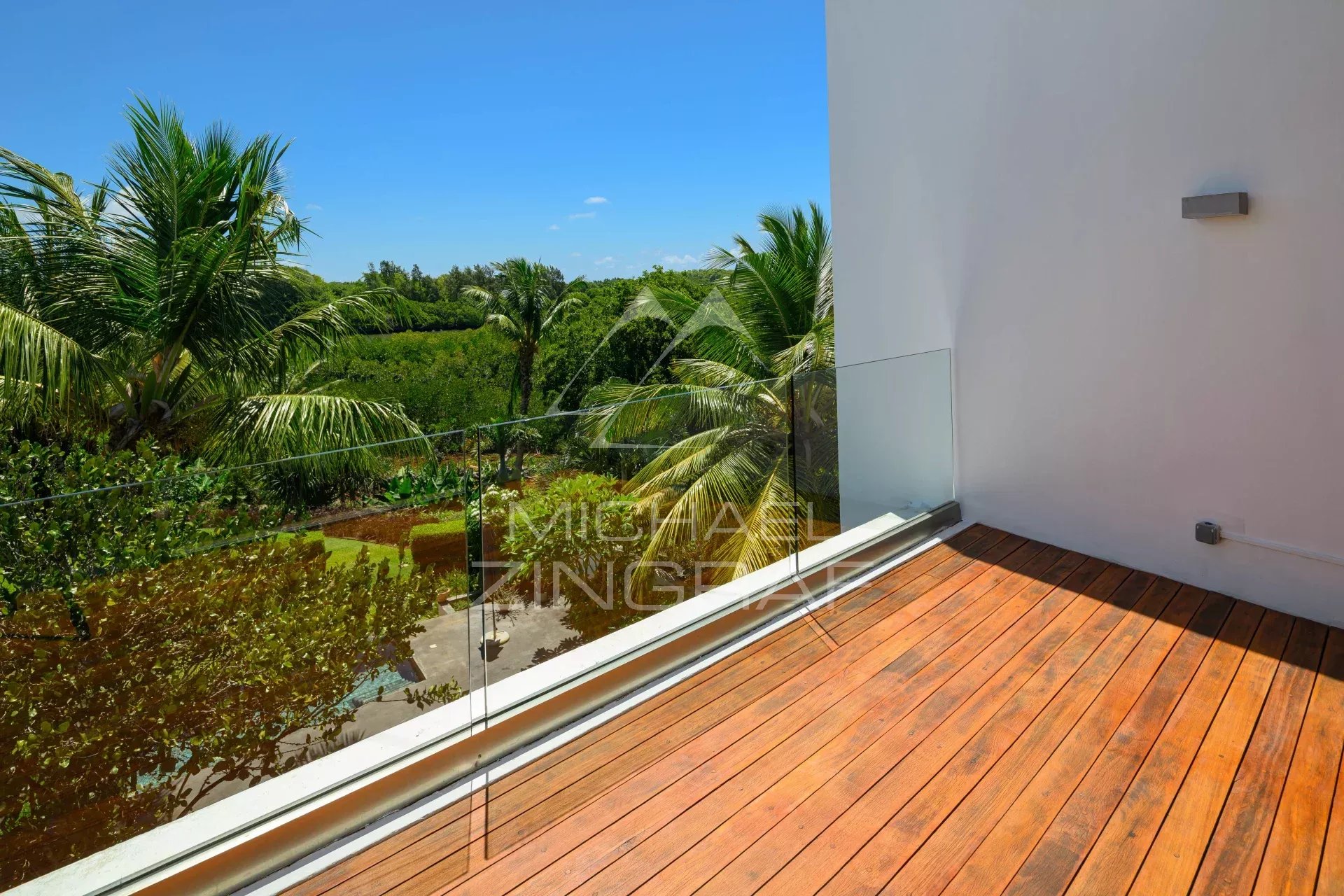 Balcony with glass railing overlooking a tropical garden and palm trees on a sunny day.